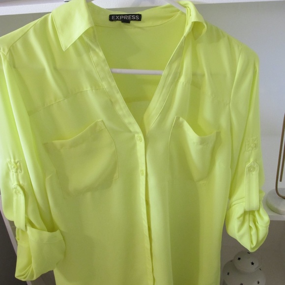 🔴🔴🔴SOLD🔴🔴🔴Express Women's Portofino Collared date night Shirt top Size S neon - Picture 5 of 7